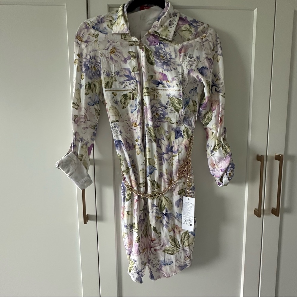 Guess White Cream Embellished Tiered Long Sleeve Dress